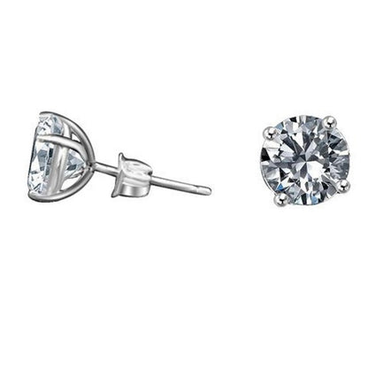Round cubic zirconia stud earrings in 14K gold, side and front view, 635E14K