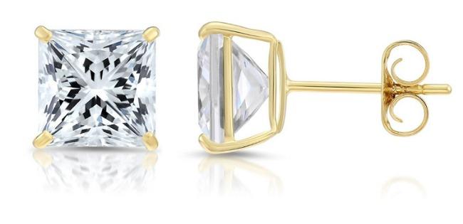 Square Diamond Veneer Cubic Zirconia 14K Gold Stud Earrings. 635EQ14KL