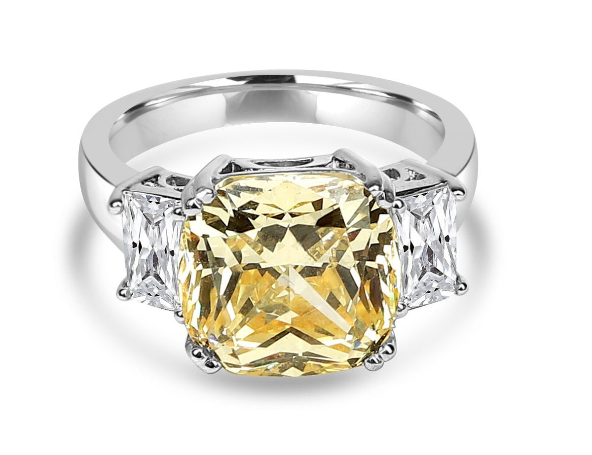 Square three-stone cubic zirconia ring, canary yellow stone, 635R71467