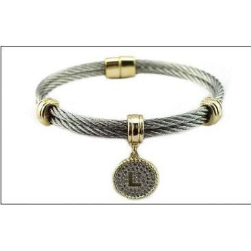 Stainless steel cable monogram initial charm bangle bracelet, alternate view, 500B4168