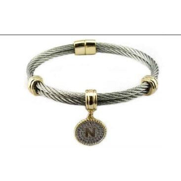 Stainless steel cable monogram initial charm bangle bracelet, alternate view, 500B4168