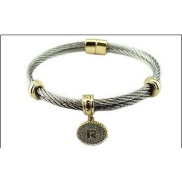 Stainless steel cable monogram initial charm bangle bracelet, alternate view, 500B4168