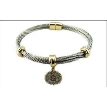Stainless steel cable monogram initial charm bangle bracelet, alternate view, 500B4168