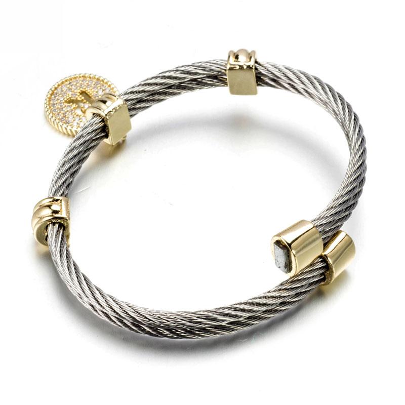 Stainless steel cable monogram initial charm bangle bracelet, alternate view, 500B4168