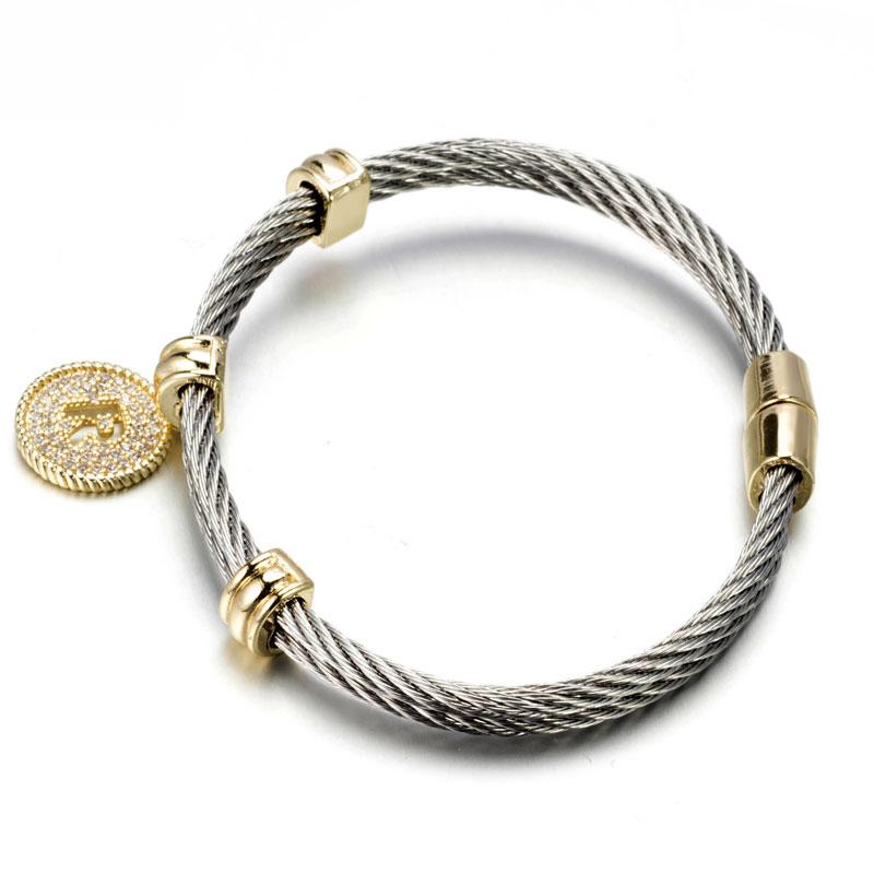 Stainless steel cable monogram initial charm bangle bracelet, alternate view, 500B4168