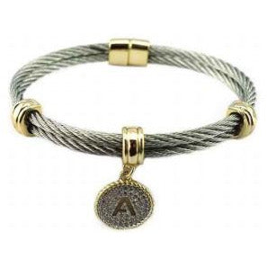 Stainless steel cable monogram initial charm bangle bracelet, alternate view, 500B4168