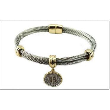 Stainless steel cable monogram initial charm bangle bracelet, alternate view, 500B4168