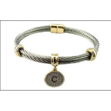 Stainless steel cable monogram initial charm bangle bracelet, alternate view, 500B4168