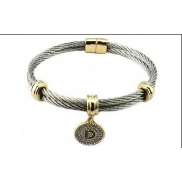 Stainless steel cable monogram initial charm bangle bracelet, alternate view, 500B4168