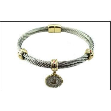 Stainless steel cable monogram initial charm bangle bracelet, alternate view, 500B4168