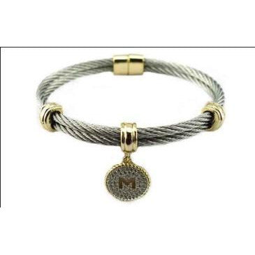 Stainless steel cable monogram initial charm bangle bracelet, alternate view, 500B4168