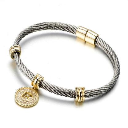Stainless steel cable monogram initial charm bangle bracelet, letter X, 500B4168