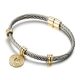 Stainless Steel Cable monogram initial Charm Bracelet/Bangle - Diamond Veneer Jewelry