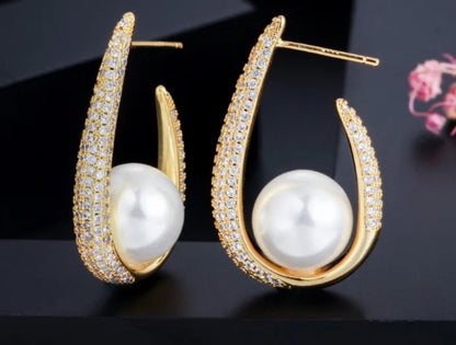 Teardrop pavé hoop earrings with floating shell pearl by Zirconite, alternate view, 826E09