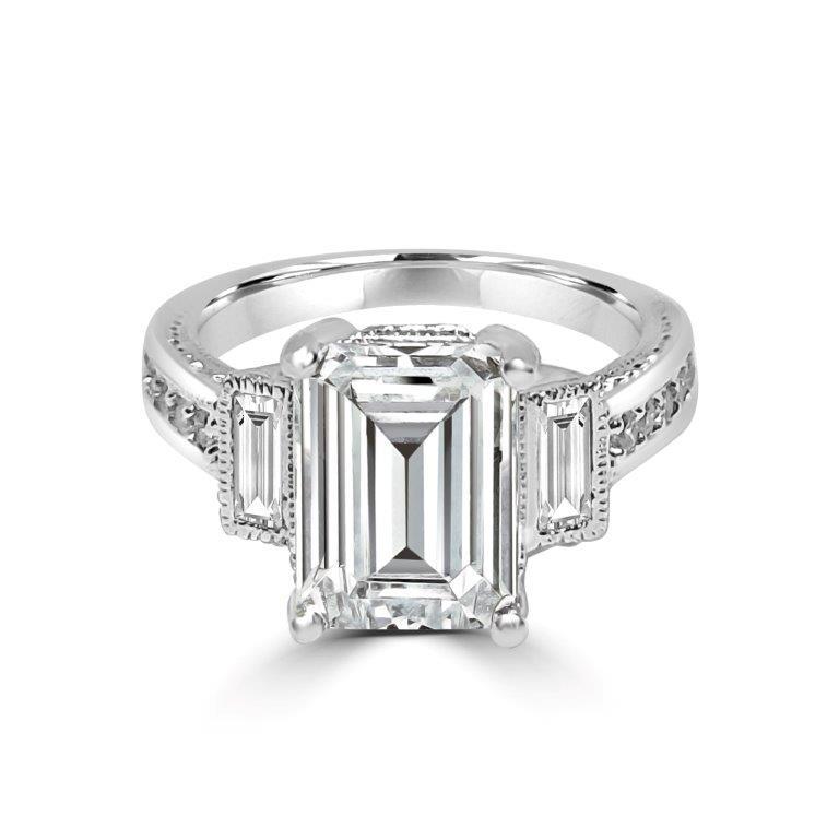 Three-stone emerald-cut cubic zirconia engagement ring, main view, 635R71197