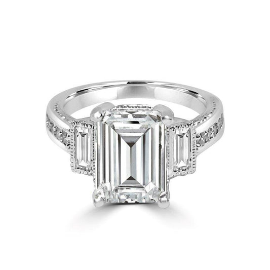 Three-stone emerald-cut cubic zirconia engagement ring, main view, 635R71197