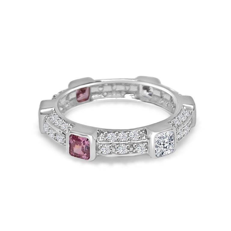 Triple dimension Square stations Zirconite Cubic Zirconia Sterling Silver all around Eternity band Ring.600R13096