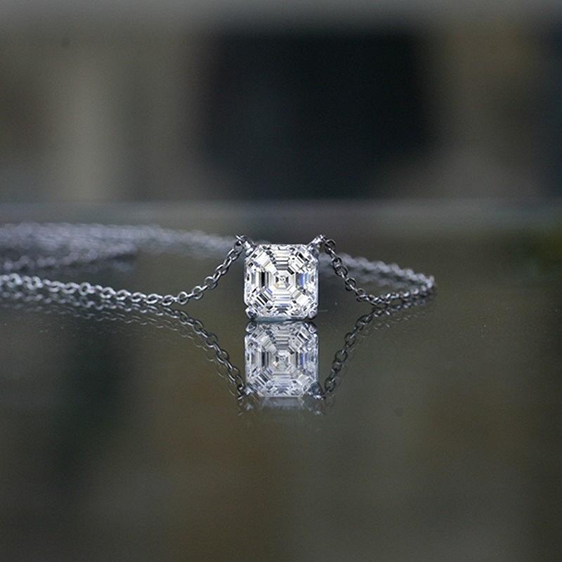 Vintage Asscher Diamond Veneer Cubic Zirconia Sterling Silver Solitaire Pendant 635P208A